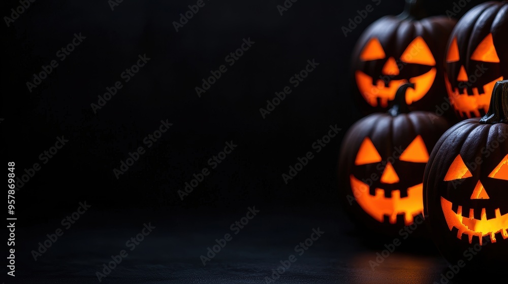 Sinister Glowing Jack-o'-Lantern Faces on Black Background with Copy Space - Ultra HD Halloween Decoration Sinister Glowing Jack-o'-Lantern Faces on Black Background with Copy Space - Ultra HD Halloween Decoration
