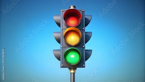 Traffic-light isolated on background, Red light with yellow and green semaphore isolated on blue