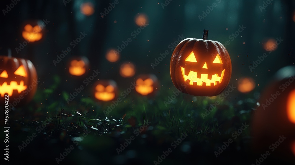 Eerie Jack-o'-Lanterns Floating in Dark Forest Clearing with Haunted Atmosphere Eerie Jack-o'-Lanterns Floating in Dark Forest Clearing with Haunted Atmosphere