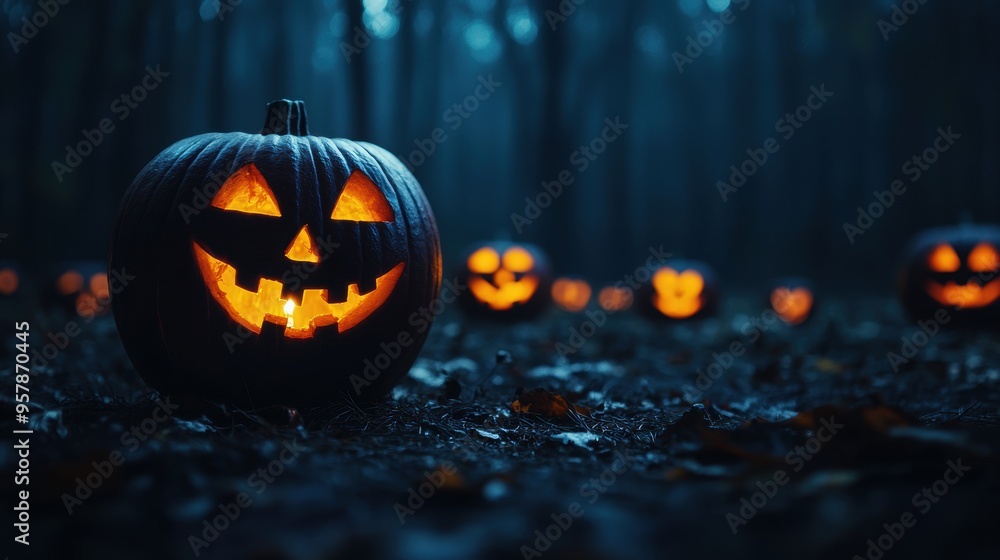 Eerie Jack-o'-lanterns Floating in Dark Forest Clearing with Copy Space, Selective Focus - Halloween Haunted Atmosphere Concept Eerie Jack-o'-lanterns Floating in Dark Forest Clearing with Copy Space, Selective Focus - Halloween Haunted Atmosphere Concept
