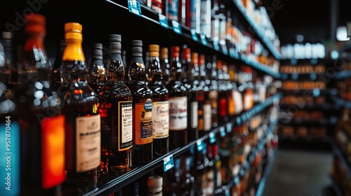 A vibrant display of assorted whiskey bottles arranged on shelves, showcasing rich colors and diverse labels in a retail space.