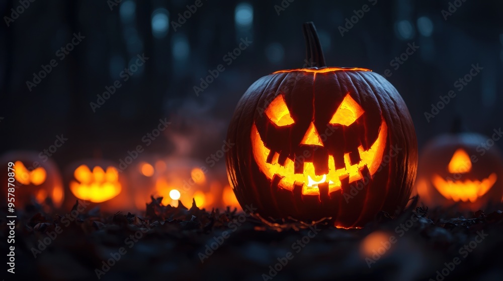 Spooky Jack-O'-Lanterns with Glowing Flames in Dark Eerie Setting - Halloween Theme Ultra HD Photo with Copy Space Spooky Jack-O'-Lanterns with Glowing Flames in Dark Eerie Setting - Halloween Theme Ultra HD Photo with Copy Space
