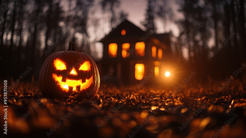 Spooky Halloween Jack-o'-lantern in Abandoned House - Ultra HD with Copy Space Spooky Halloween Jack-o'-lantern in Abandoned House - Ultra HD with Copy Space