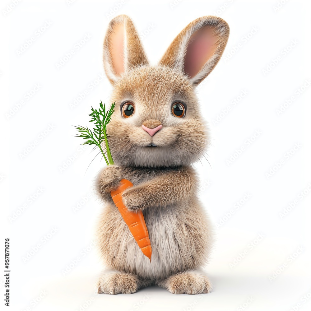 Obraz premium 3D illustration of a happy bunny holding a carrot, isolate on white background, front view, bright lighting, fluffy fur texture