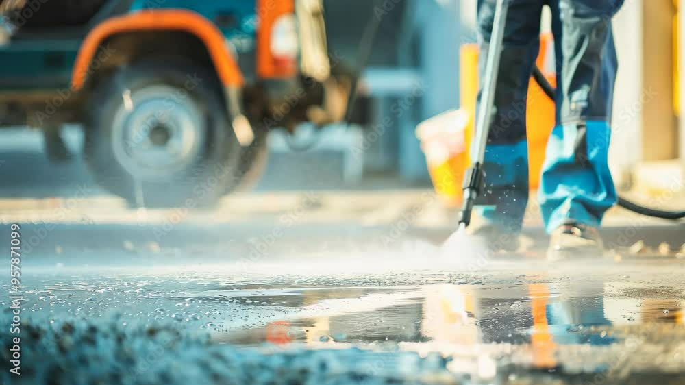 A worker is cleaning the sidewalk using a pressure washer. Municipal services clean the streets A worker is cleaning the sidewalk using a pressure washer. Municipal services clean the streets