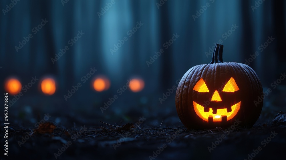Sinister Glowing Jack-o'-lanterns in Dark Woods Fog with Copy Space, Selective Focus, Ultra HD Sinister Glowing Jack-o'-lanterns in Dark Woods Fog with Copy Space, Selective Focus, Ultra HD