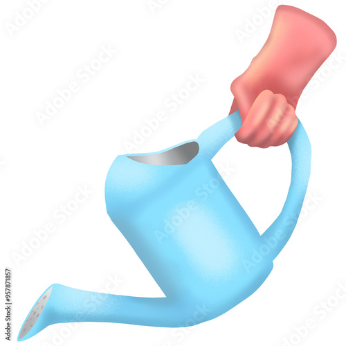 A blue watering can is pouring water, with a human hand holding the handle