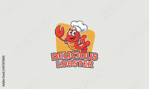 Happy lobster chef illustration with playful typography for seafood restaurant branding.