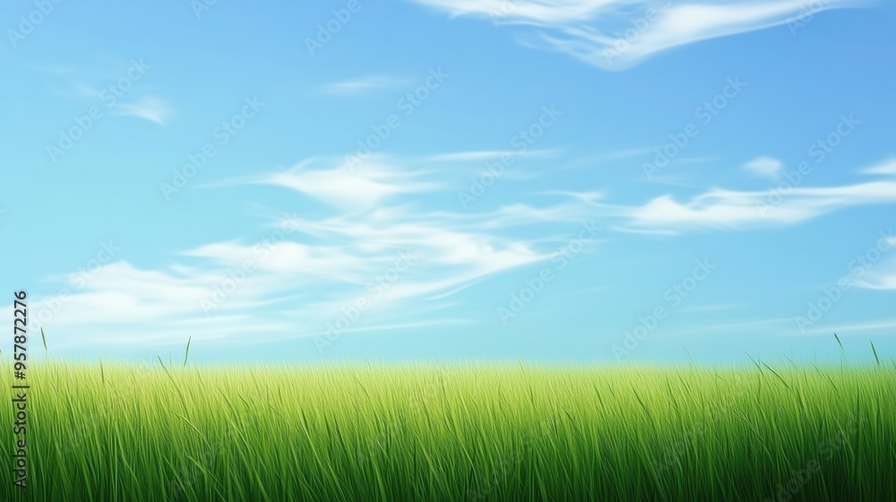 Green grass with beautiful bright blue sky and white clouds Green grass with beautiful bright blue sky and white clouds