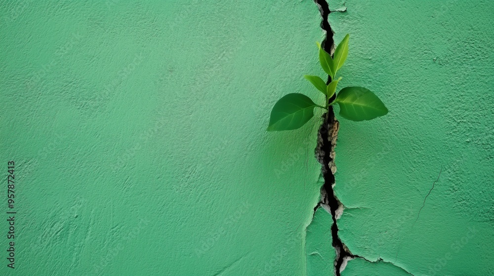 A plant growing through wall cracks, representing hope, hard time, growth, success A plant growing through wall cracks, representing hope, hard time, growth, success