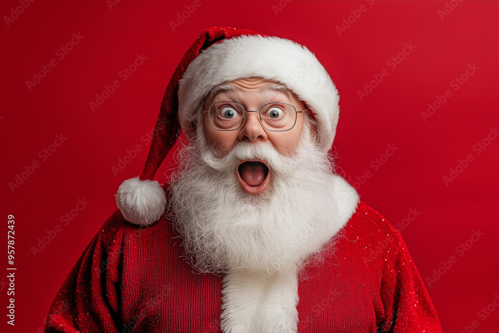 man with a beard and glasses is wearing a red hat and a red sweater. He is making a surprised face and has his mouth open man with a beard and glasses is wearing a red hat and a red sweater. He is making a surprised face and has his mouth open