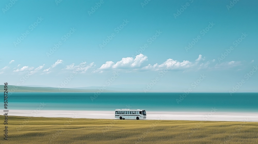 Empty bus driving on road in vast grasslands of Siberia blue sky clear white clouds floating in distance Empty bus driving on road in vast grasslands of Siberia blue sky clear white clouds floating in distance