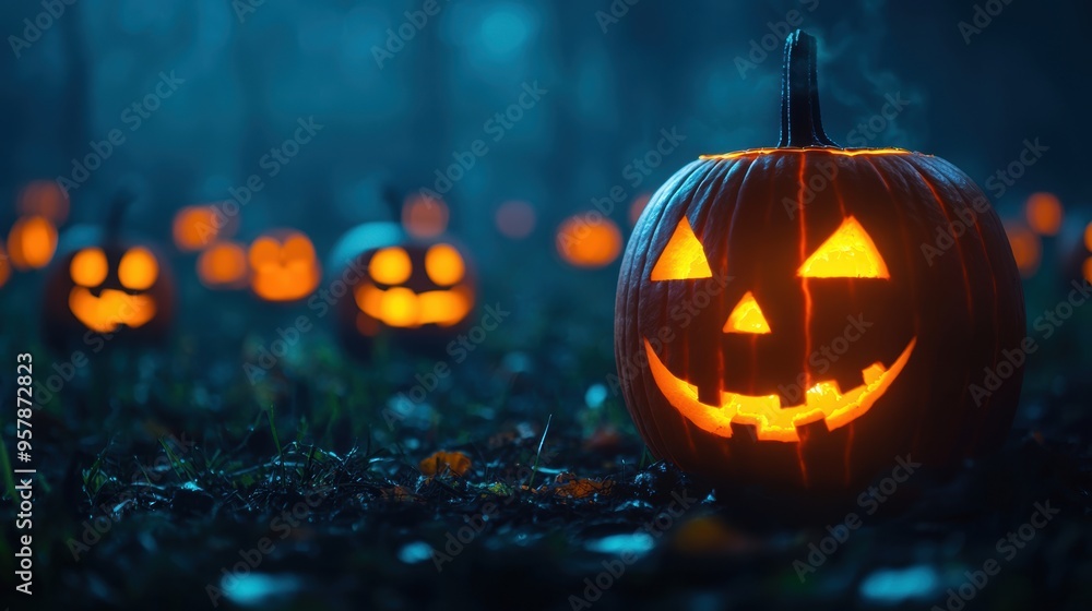 Spooky Glowing Jack-O'-Lanterns in Dark Graveyard with Eerie Atmosphere, Bokeh Lights, Copy Space. Selective Focus. Ultra HD Quality. Spooky Glowing Jack-O'-Lanterns in Dark Graveyard with Eerie Atmosphere, Bokeh Lights, Copy Space. Selective Focus. Ultra HD Quality.