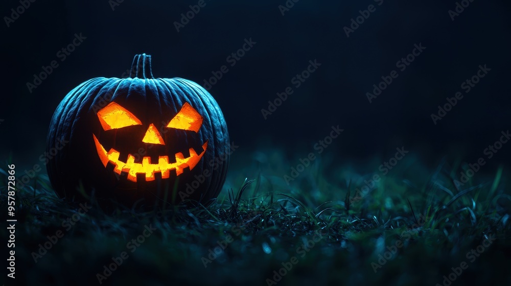 Sinister Glowing Pumpkin in Dark with Copy Space, Selective Focus - Ultra HD Sinister Glowing Pumpkin in Dark with Copy Space, Selective Focus - Ultra HD