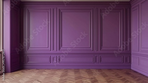 Fototapeta Naklejka Na Ścianę i Meble -  Modern classic purple empty interior with wall panels and wood flooring. 3D rendering.