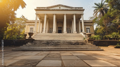 A view of the historic Asiatic Society of Mumbai, with its white marble steps and grand columns. photo