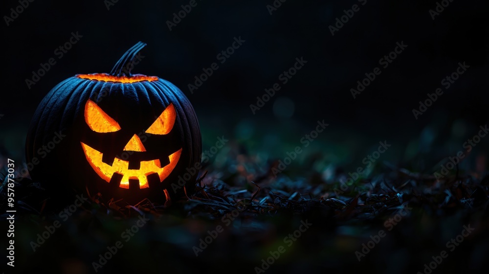 Sinister Glowing Jack-O'-Lantern in Eerie Dark Scene with Copy Space, Selective Focus on Foreground in Ultra HD Sinister Glowing Jack-O'-Lantern in Eerie Dark Scene with Copy Space, Selective Focus on Foreground in Ultra HD