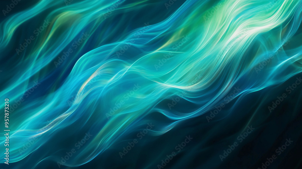Abstract fluid blue and green light waves flowing dynamically across a dark background, creating a soothing and ethereal visual effect Abstract fluid blue and green light waves flowing dynamically across a dark background, creating a soothing and ethereal visual effect