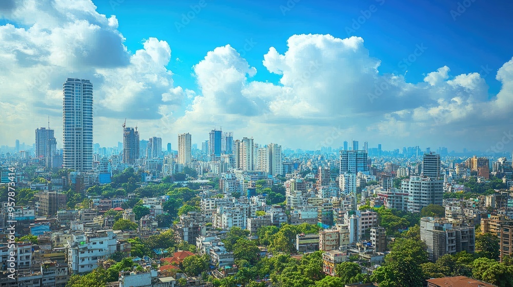 Fototapeta premium A view of the Mumbai skyline with the iconic Antilia building towering above the cityscape.