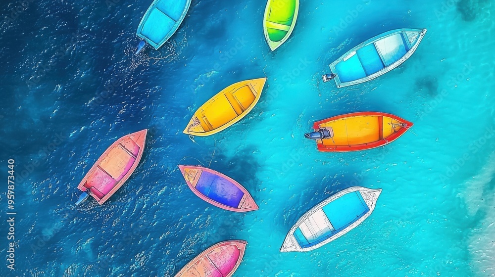 Top view of various colors of boats floating in clear blue water Top view of various colors of boats floating in clear blue water
