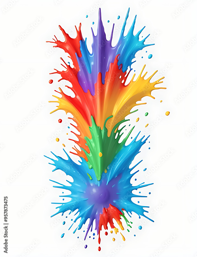 A 3D-rendered splash of vibrant paint, with splatters of different colors suspended mid-air, frozen in dynamic motion, set against a plain white background, perfect for art supply store promotions A 3D-rendered splash of vibrant paint, with splatters of different colors suspended mid-air, frozen in dynamic motion, set against a plain white background, perfect for art supply store promotions