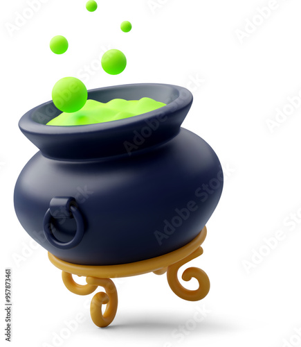 3d Vector Witch cauldron with green potion, Happy halloween festival concept.