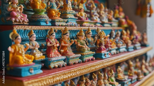 A view of the vibrant Golu doll display during Navratri, with intricate figurines arranged on steps