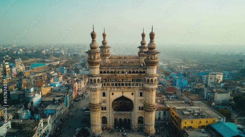 Fototapeta premium A wide shot of the iconic Charminar in Hyderabad, showcasing its four minarets and detailed architecture.