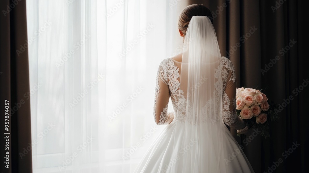 A graceful bride stands by a window dressed in a breathtaking white wedding gown radiating elegance and bridal beauty The soft focus and deep depth of field create a captivating romantic atmosphere A graceful bride stands by a window dressed in a breathtaking white wedding gown radiating elegance and bridal beauty The soft focus and deep depth of field create a captivating romantic atmosphere