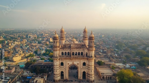 A wide shot of the iconic Charminar in Hyderabad, showcasing its four minarets and detailed architecture.