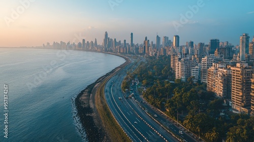 Aerial view of Mumbai iconic Marine Drive curving along the Arabian Sea, with the skyline in the background.