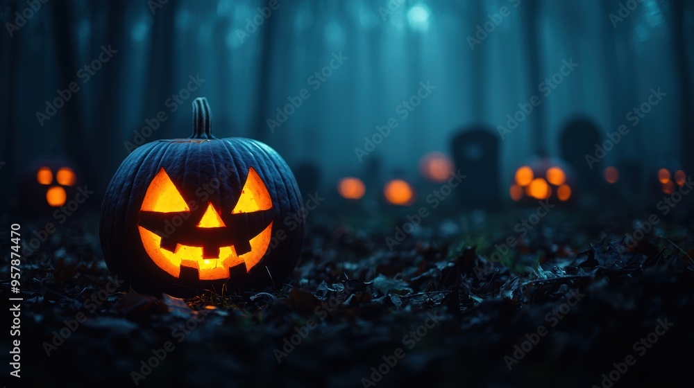 Eerie Jack-o'-lanterns Illuminating Foggy Graveyard at Halloween Night with Copy Space, Selective Focus, Ultra HD Eerie Jack-o'-lanterns Illuminating Foggy Graveyard at Halloween Night with Copy Space, Selective Focus, Ultra HD