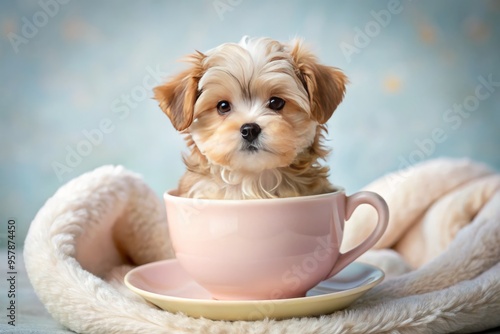 a photo image of a small, adorable Morkie with a fluffy, curved posture, head tilted and tiny paws curled up, snuggled in a tiny teacup-shaped bed photo