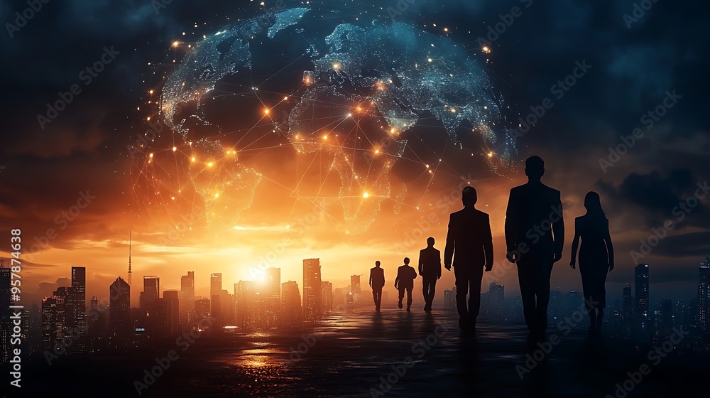 A double exposure of businesspeople in formal attire, merged with a 3D globe connected by luminous network lines, symbolizing global business connectivity and collaboration, hd quality, cool lighting, A double exposure of businesspeople in formal attire, merged with a 3D globe connected by luminous network lines, symbolizing global business connectivity and collaboration, hd quality, cool lighting,