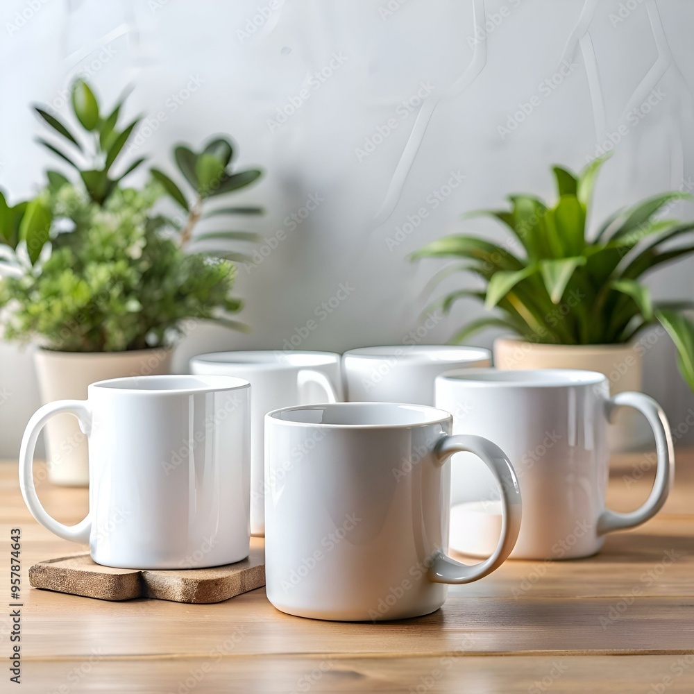 A set of five white ceramic mugs on a wooden table. perfect for showcasing your designs or branding. A set of five white ceramic mugs on a wooden table. perfect for showcasing your designs or branding.
