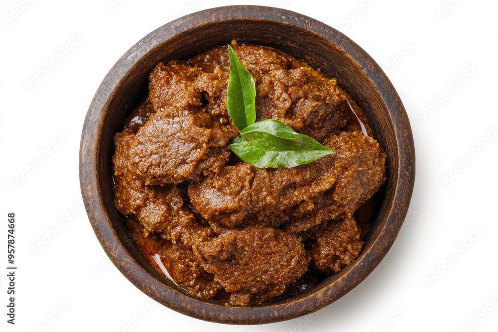 Beef rendang in a wooden bowl with bay leaves Beef rendang in a wooden bowl with bay leaves