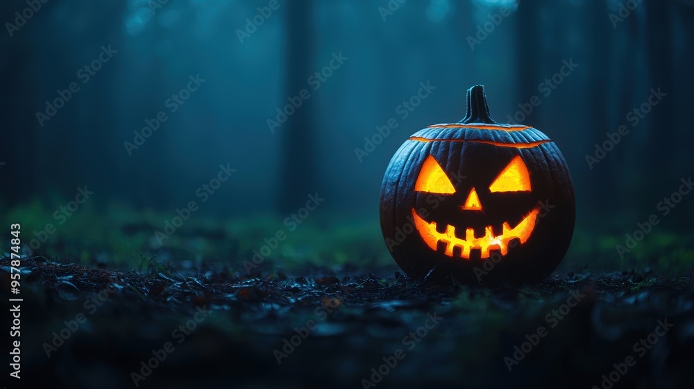 Eerie Glowing Jack-o'-lantern in Spooky Forest on Halloween Night with Copy Space, Selective Focus - Ultra HD Eerie Glowing Jack-o'-lantern in Spooky Forest on Halloween Night with Copy Space, Selective Focus - Ultra HD