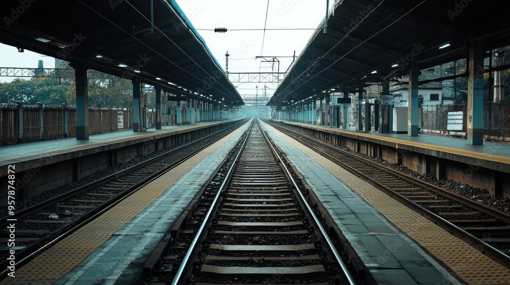 An empty local train station platform in Mumbai, with the tracks stretching out into the distance. An empty local train station platform in Mumbai, with the tracks stretching out into the distance.