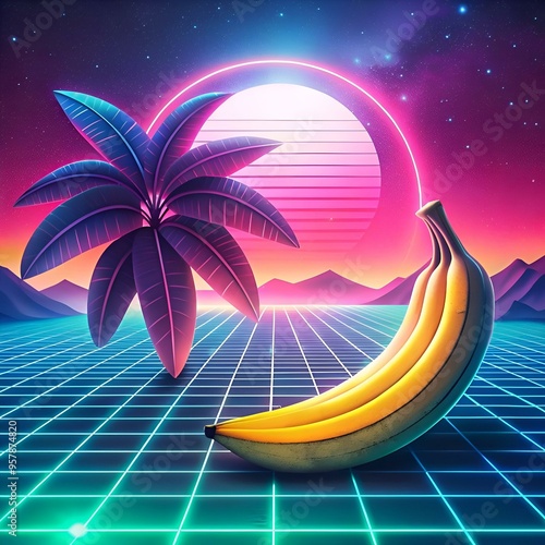 Retro 80s inspired 3D illustration of a banana against a futuristic neon cityscape with a palm tree. photo