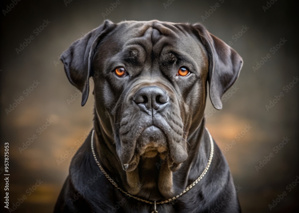 A massive black mastiff dog gazes sternly with a rugged, angular face, its muscular physique exuding a sense of strength and authority. A massive black mastiff dog gazes sternly with a rugged, angular face, its muscular physique exuding a sense of strength and authority.