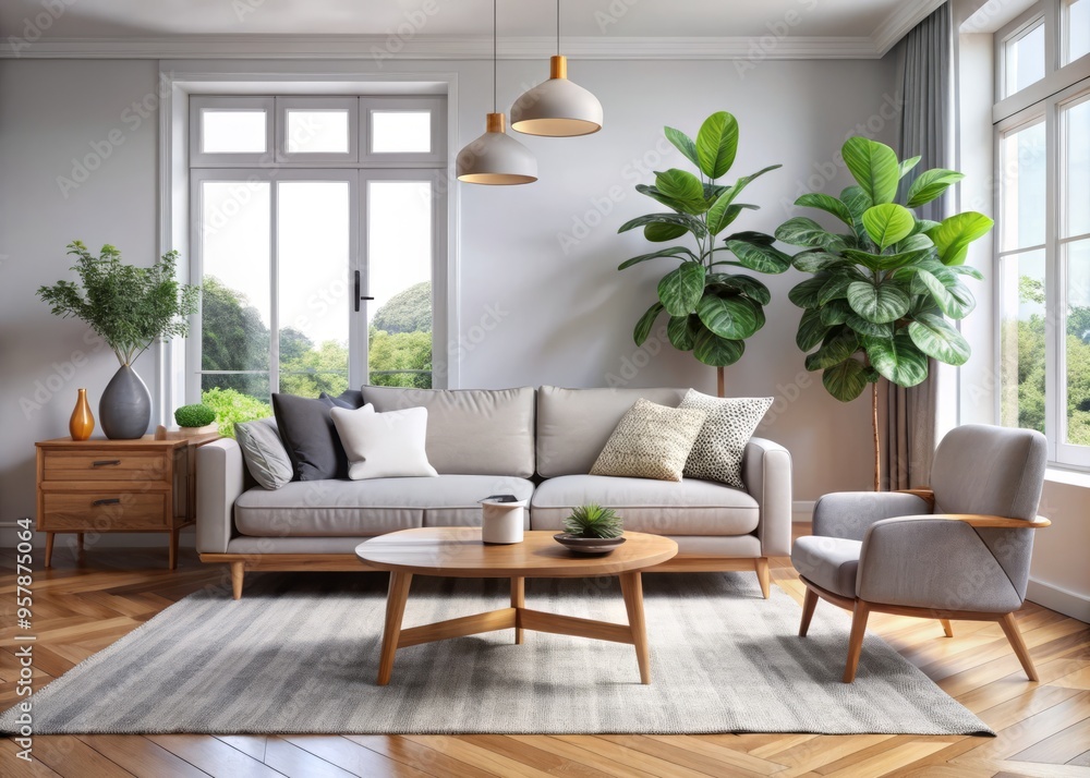 Photo image of a modern living room with a minimalist wooden coffee table and plush gray sofas, accented with a potted fiddle leaf fig plant. Photo image of a modern living room with a minimalist wooden coffee table and plush gray sofas, accented with a potted fiddle leaf fig plant.