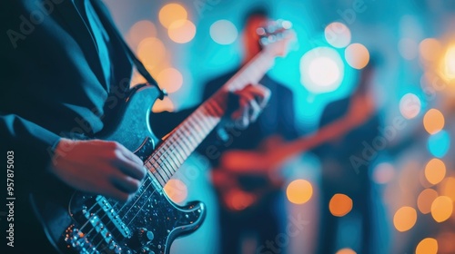 Energetic wedding band takes the stage captivating the reception crowd with a lively performance of upbeat music photo