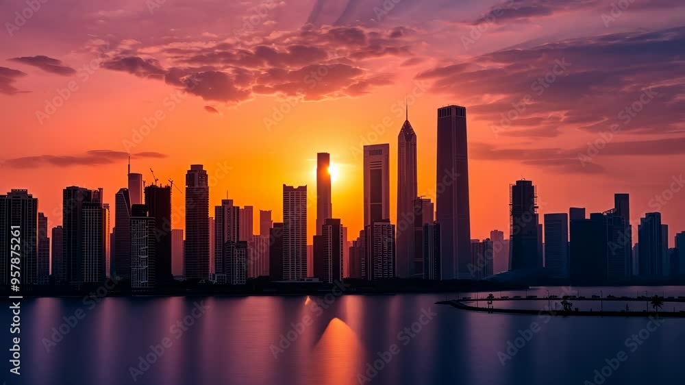 Stunning sunset over the skyline of a bustling city with reflections on the calm water Stunning sunset over the skyline of a bustling city with reflections on the calm water