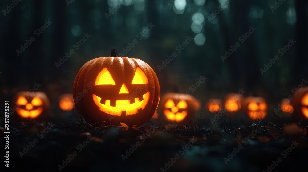 Eerie Jack-o'-Lanterns Floating in Dark Misty Forest with Halloween Ambiance Eerie Jack-o'-Lanterns Floating in Dark Misty Forest with Halloween Ambiance