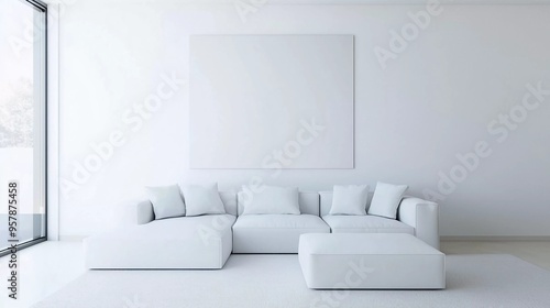 Modern minimalist interior and white. Modern interior design for posters in living room layout with white sofa and copy space.