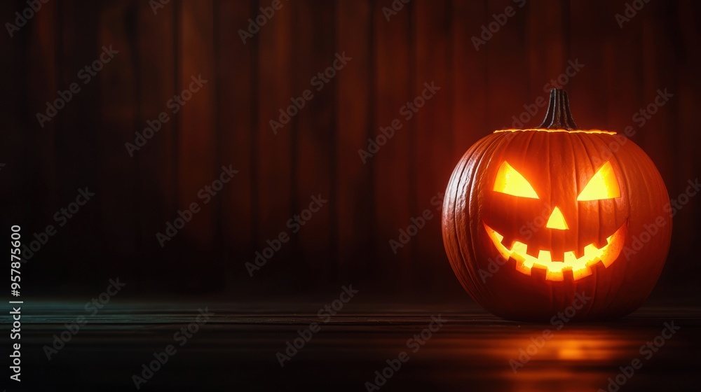 Obraz premium Sinister Glowing Pumpkin in Eerie Halloween Room with Copy Space | Selective Focus on Foreground, Ultra HD