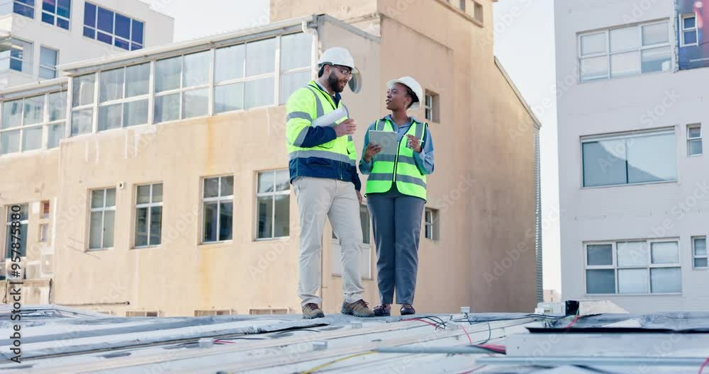 Solar panel, teamwork and engineering with people on rooftop for renewable energy, innovation and sustainability. Collaboration, electricity and photovoltaic development with man and woman in city Solar panel, teamwork and engineering with people on rooftop for renewable energy, innovation and sustainability. Collaboration, electricity and photovoltaic development with man and woman in city