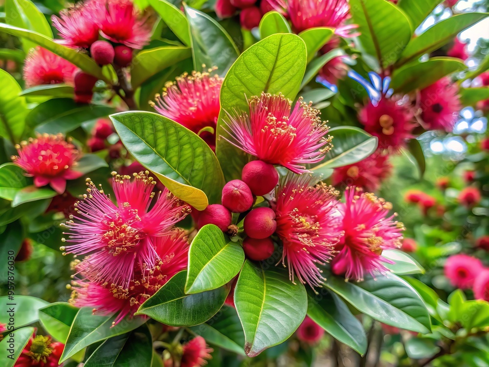 a photo image of a lush and vibrant strawberry guava tree in full bloom with bright pink flowers and slightly tart red fruit a photo image of a lush and vibrant strawberry guava tree in full bloom with bright pink flowers and slightly tart red fruit
