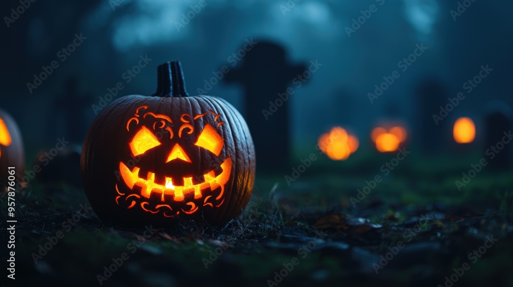 Glowing Intricate Carved Pumpkins in Misty Graveyard with Copy Space, Selective Focus, Ultra HD Glowing Intricate Carved Pumpkins in Misty Graveyard with Copy Space, Selective Focus, Ultra HD