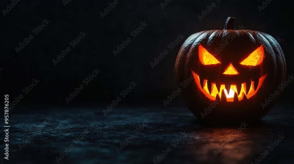 Glowing Spooky Jack-o'-Lantern with Sharp Teeth in Dark Room, Halloween Decoration with Copy Space, Selective Focus, Ultra HD Glowing Spooky Jack-o'-Lantern with Sharp Teeth in Dark Room, Halloween Decoration with Copy Space, Selective Focus, Ultra HD